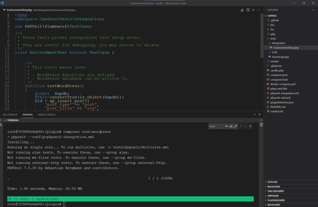 Screenshot of WordPress integration tests running in vsCode.