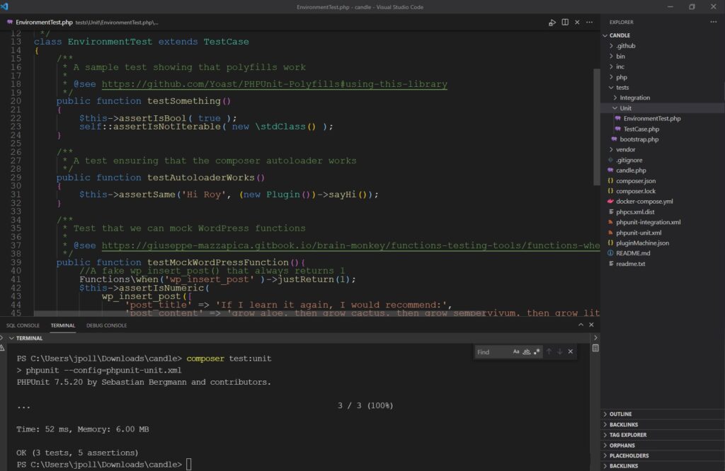 Screenshot of vsCode with a unit test open.