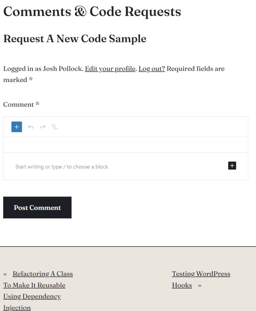 Screenshot of comments & code request from